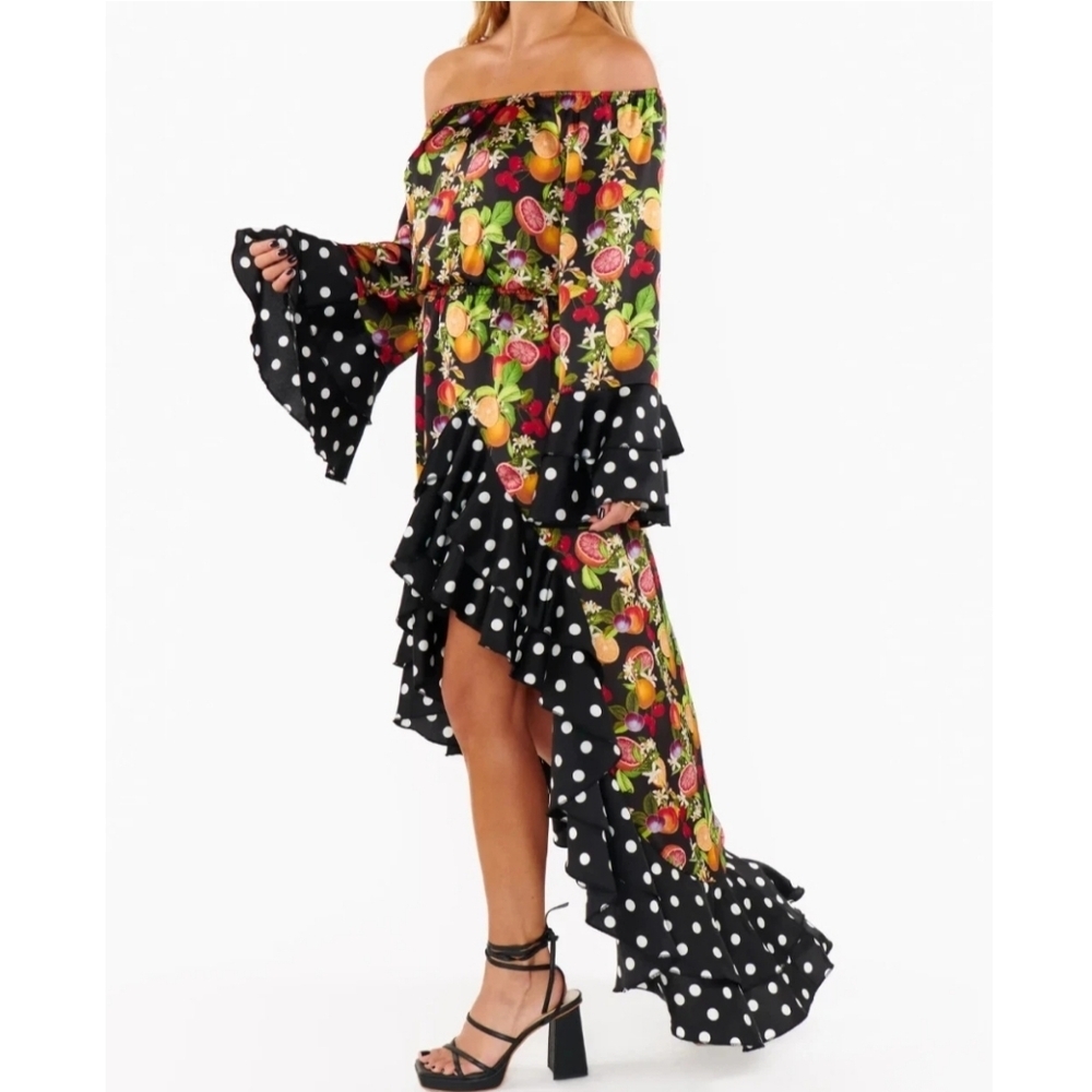 Show Me Your MuMu Black Off-Shoulder Ruffled Fruit & Polka Dot Maxi Dress